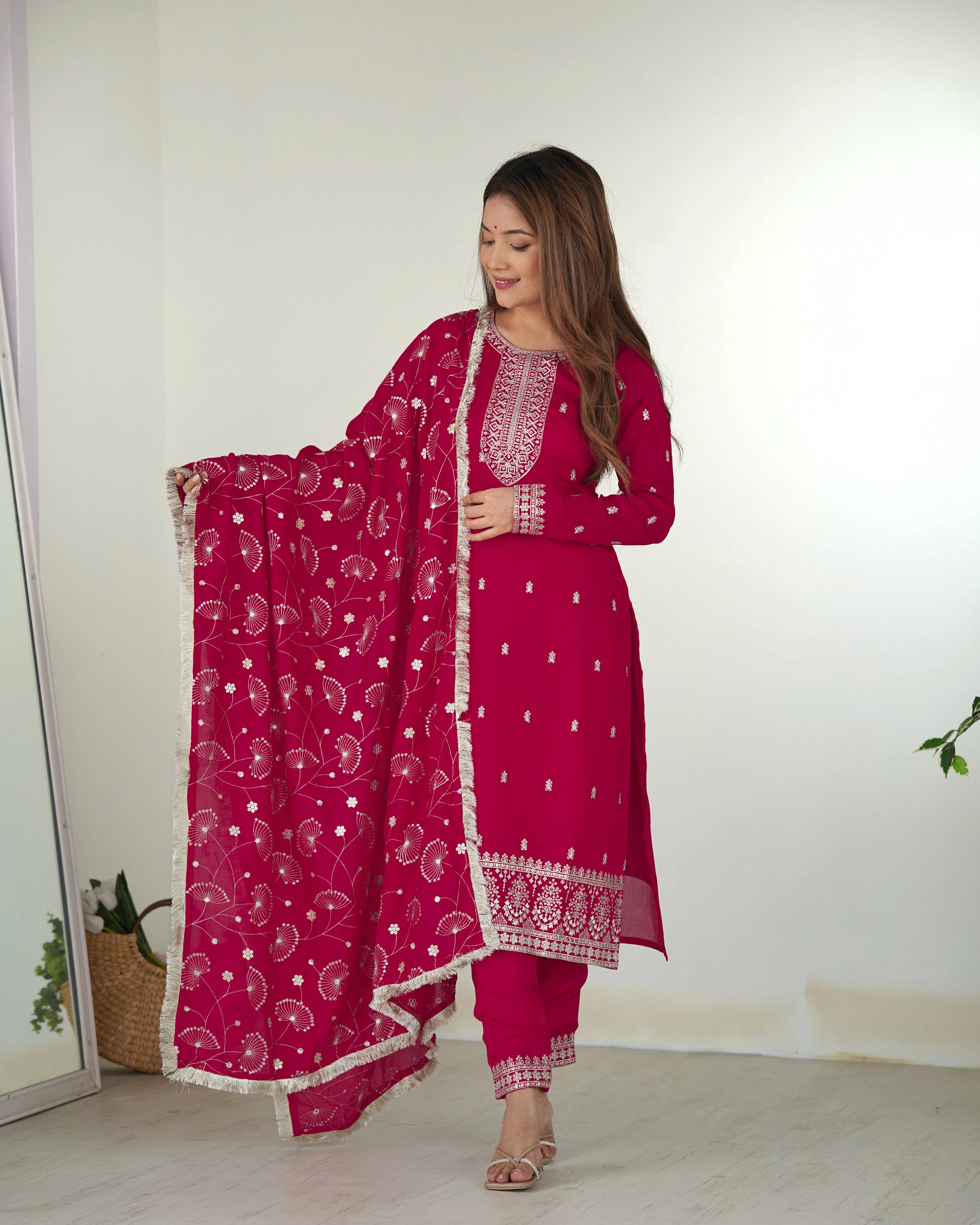 Dark Pink Zari Embroidery & Sequin Work Rangoli Silk Suit – Kalyanja